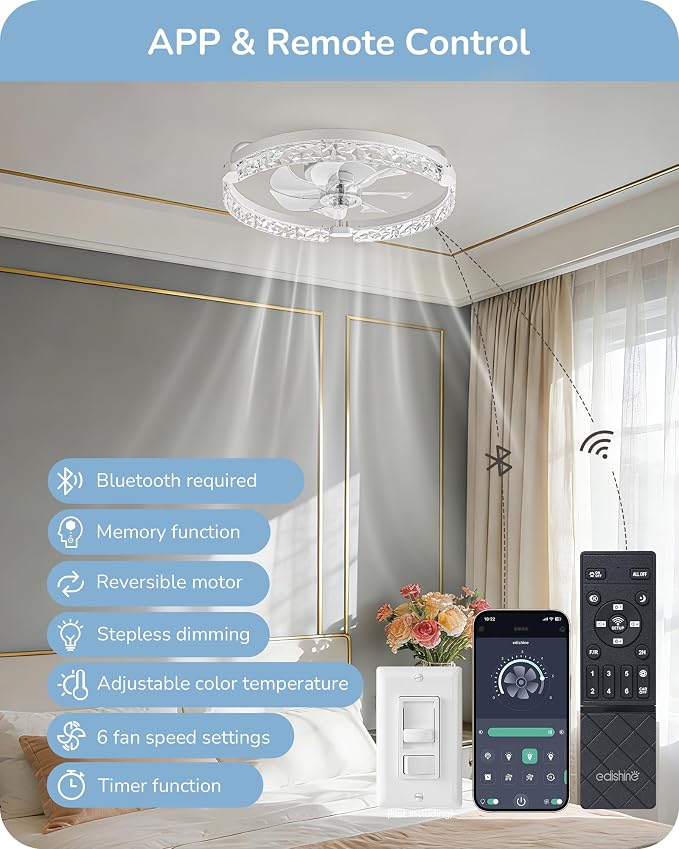 EDISHINE 20'' Ceiling Fans with Lights and Remote, Low Profile Flush Mount Fandelier, 3000-6000K Dimmable, 6 Speeds, DC Motor, LED Modern Bladeless Fan Light for Bedroom, Living Room, White