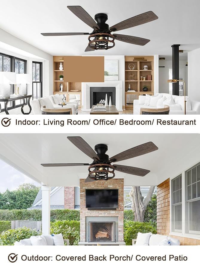 52" Farmhouse Rustic Ceiling Fan with Lights Remote Flush Mount | Rustic Caged Fandelier Low Profile Chandelier, for Bedroom Living Room, 5 Dual Blades Quiet Reversible DC Motor 6 Speeds