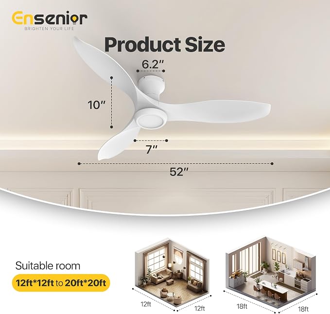Ensenior 52 Inch Flush Mount Ceiling Fan with Light and Remote, Black Low Profile Ceiling Fans with Lights for Bedroom Living Room, 3 ABS Blades, Modern Quiet Reversible DC Motor, 3CCT, 6 Speeds