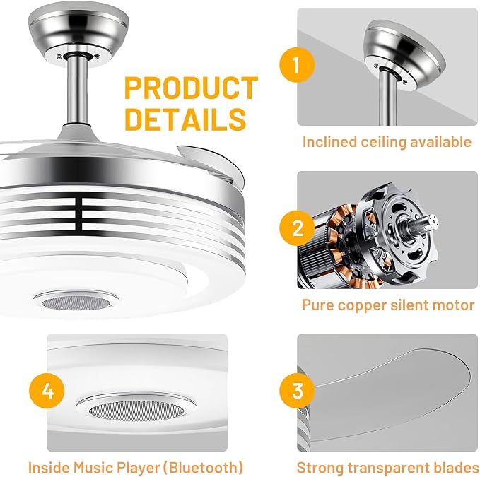 42" Modern RGB Ceiling Fan with Lights and Bluetooth Music Speaker,Color Change Motor Retractable Fandelier Ceiling Fan with Light and APP/Remote,6 Speed Silent Chandelier Fan for Bedroom Living Room