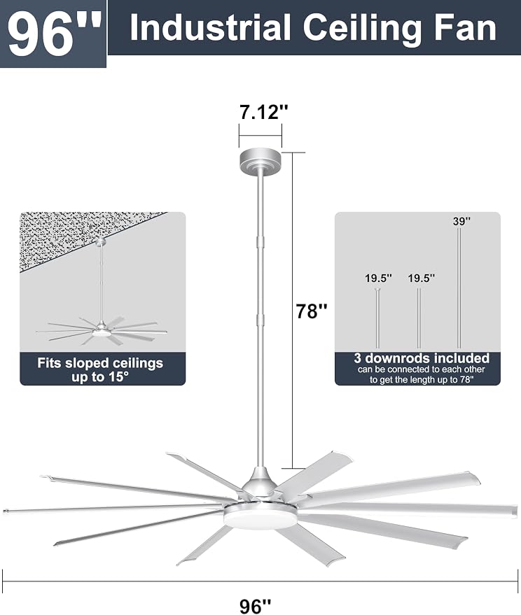 Ohniyou 96" Industrial Ceiling Fan with Bright Lights, High CFM Shop Fan | Remote/App Control, 10 Aluminum Blades, Extra Large Metal Fan for Covered Patio, Gym, Warehouse, Silver