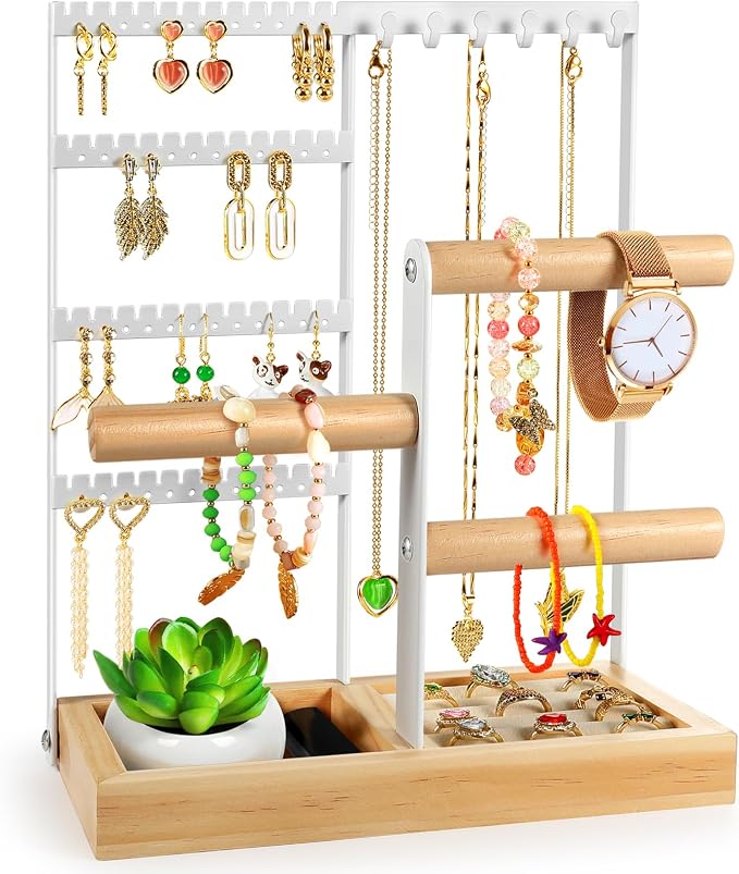 Godboat Jewelry Stand - 48 Holes Earring Holder, 4-Tier Necklace Organizer | 6 Hooks Jewelry Organizers and Storage, Bracelet Ring Rack with Wood Box, Preppy Gift Room Decor for Teen Girls Women, White