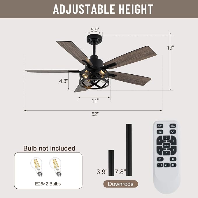 52" Farmhouse Ceiling Fan with Lights and Remote Control | Reversible DC Motor,5 Double Finish Wood Blades,Caged Rustic Ceiling Fan with Light for Bedroom,Living Room,Dining Room