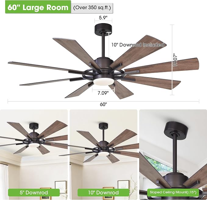 60 inch Ceiling Fans with Lights and Remote, Black Farmhouse Chandelier Fan, 8 Blades, Quiet DC Motor, Indoor/Outdoor ETL Large Ceiling Fan for Kitchen Living Room Garage, 3 CCT, 6 Speed, Timer