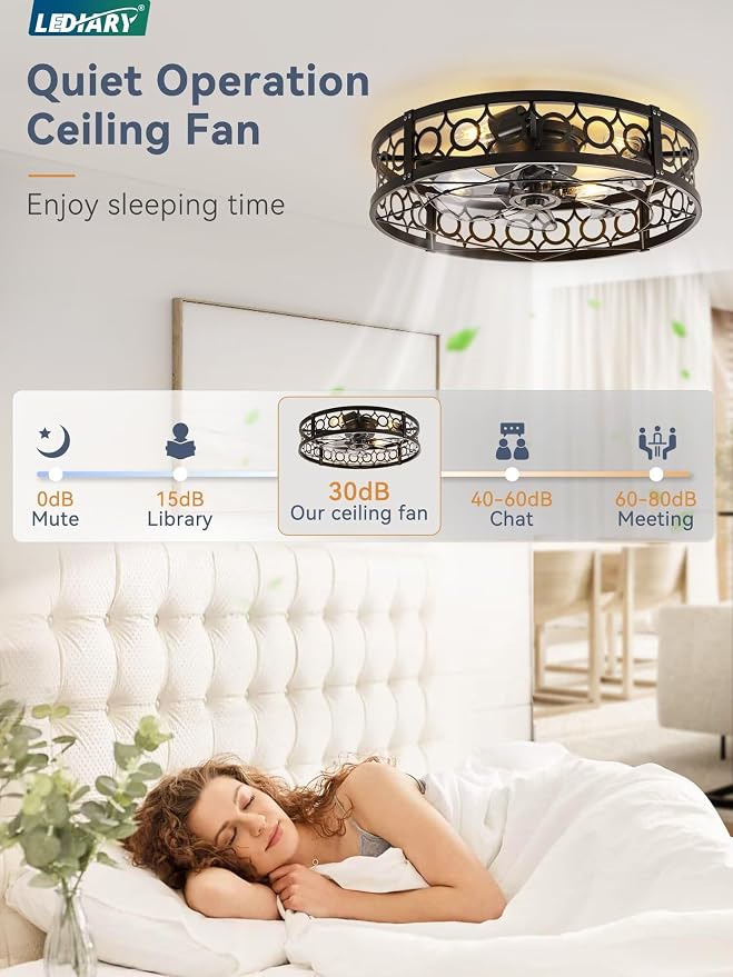 LEDIARY Caged Flush Mount Ceiling Fans with Lights, 23 Inch Farmhouse Low Profile Black Ceiling Fan with Remote, Small Bladeless Fan Lights Ceiling Fixtures for Bedroom, Kitchen- Black