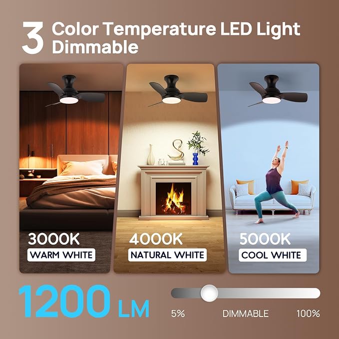 Consciot Ceiling Fan With Lights 30 Inch, Kids Ceiling Fan Black Modern, Flush Mount, Reversible Quiet DC Motor, 6 Speed, Dimmable, Kitchen Bedroom Patio