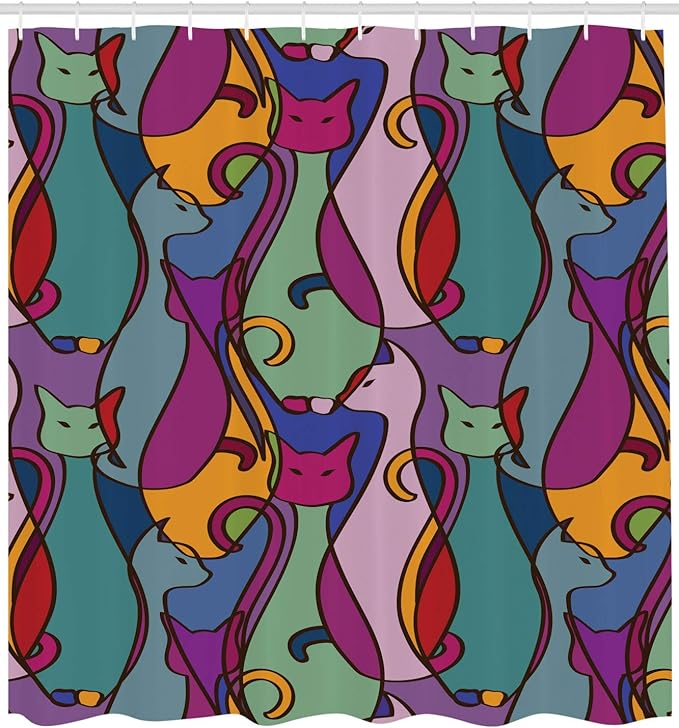 Ambesonne Cat Shower Curtain, Colorful Kittens Domestic Contour Geometric Design, Cloth Fabric Bathroom Decor Set with Hooks, 69" W x 70" L, Pink Magenta