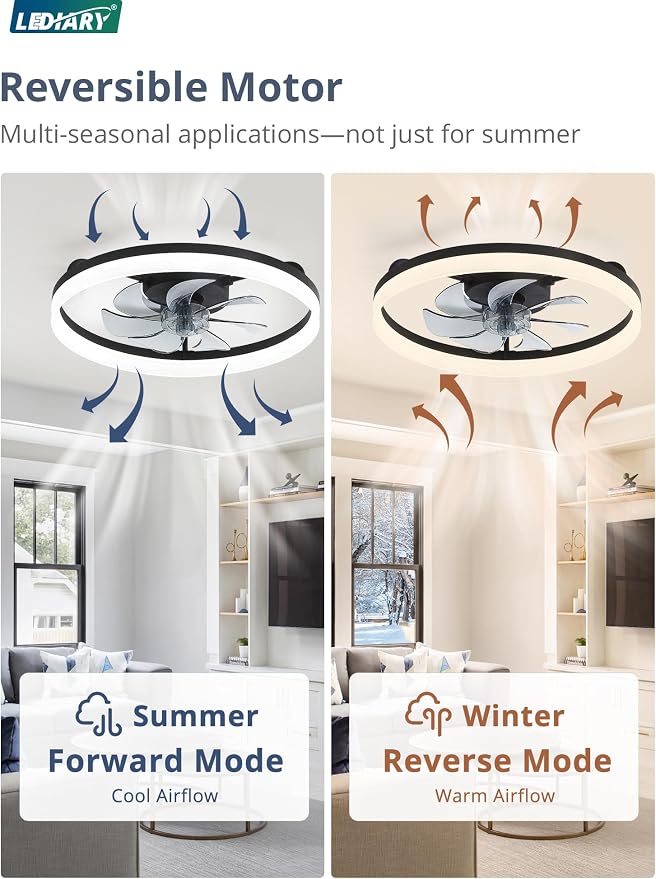 LEDIARY Ceiling Fans with Lights, 20 inch Low Profile Flush Mount Ceiling Fan, Dimmable LED, APP & Remote Control, Quiet Reversible DC Motor, 6 Speeds, Fandelier for Bedroom, Black