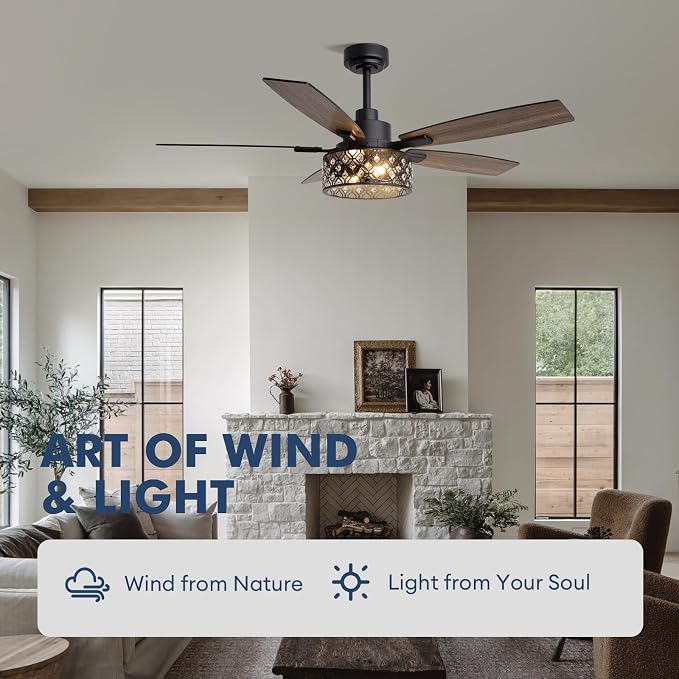 52 Inch Farmhouse Ceiling Fan with Lights and Remote, 5 Blades Double-color Finish, Quiet & Reversible DC Motor, Crystal Caged Ceiling Fan for Bedroom Living Room Kitchen Outdoor Covered Patio