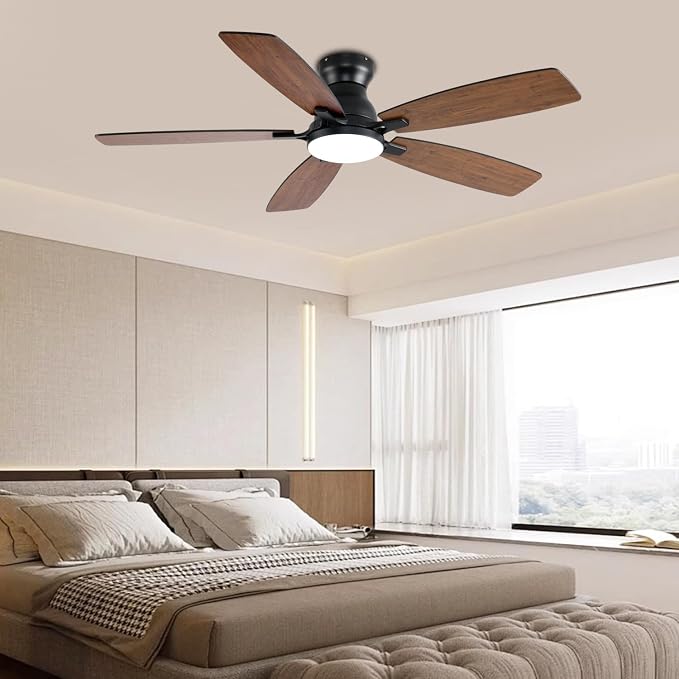 NKPU Ceiling Fans with Lights, Low Profile Ceiling Fan with Light and Remote/APP Control, DC Motor, Noiseless, Flush Mount, 52inch Brown Ceiling Fan for Bedroom Indoor/Outdoor Use