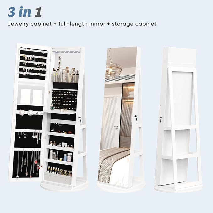 360° Rotating Jewelry Armoire with Full-Length Mirror & LED | Lockable Standing Organizer, Secure Storage For Jewelry, White