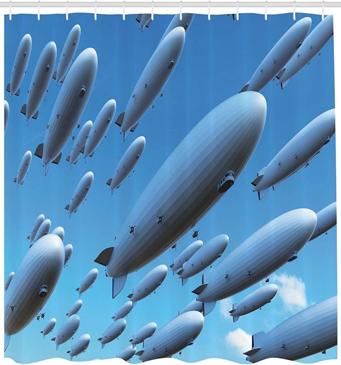 Ambesonne Zeppelin Shower Curtain, Many Fleet Airships Flying in The Sky Aviation Flight Invasion Air Picture Print, Cloth Fabric Bathroom Decor Set with Hooks, 69" W x 84" L, Soft Blue