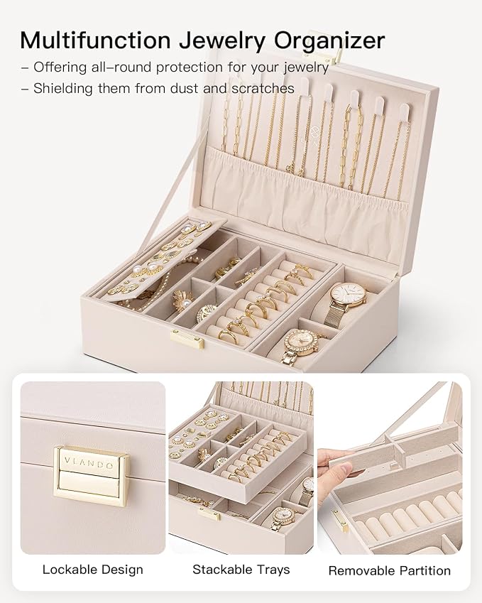 VLANDO 2 Layer Jewelry Boxes Large Jewelry Organizer for Women Removable Jewelery Tray for Watch Necklace Earrings Rings Bracelets Mothers Gifts Mom Gifts(Apricot White)