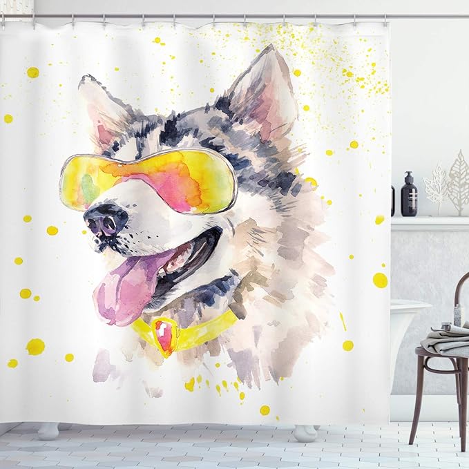 Ambesonne Animal Shower Curtain, Funny Husky Dog with Sunglasses Humorous Watercolor Cool Puppy Picture, Cloth Fabric Bathroom Decor Set with Hooks, 69" W x 75" L, Yellow Beige
