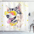 Ambesonne Animal Shower Curtain, Funny Husky Dog with Sunglasses Humorous Watercolor Cool Puppy Picture, Cloth Fabric Bathroom Decor Set with Hooks, 69" W x 70" L, Yellow Beige