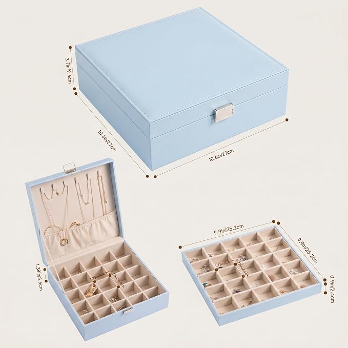 Frebeauty 50 Grid Earring Holder Organizer,2 Layer Jewelry Box for Women | Faux Leather,Velvet Lining,Adjustable Divider,Jewelry Organizer for Ring Necklace and Bracelet,for Home Use and Jewelry Store