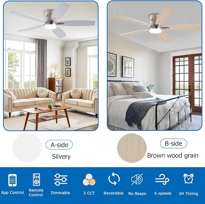 KNUN 51 inch Ceiling Fan with Light and Remote/App Control, Flush Mount Low Profile, Reversible DC Motor, Nickel Modern Ceiling Fan with Light, Dimmable,Noiseless,for Bedroom Living Room