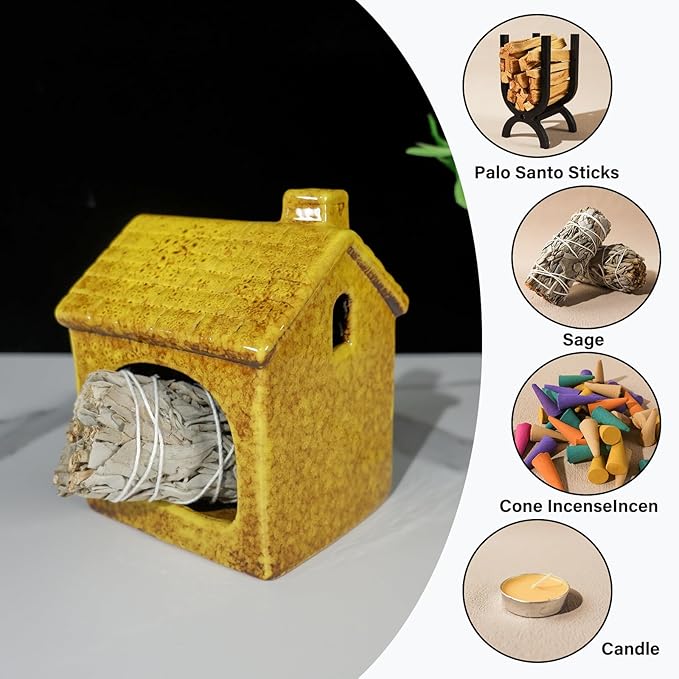 Mougigi Yellow House Palo Santo Burner Holder - Mini Ceramic Chiminea with Stable Base,Smudge Bowl for Burning Sage &Incense Cones-Perfect for Meditation,Yoga Spaces,Spiritual Altars,Home Decor& Gifts