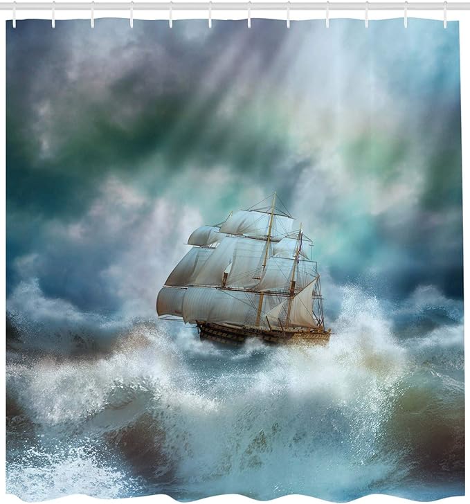 Ambesonne Ocean Shower Curtain, Majestic Nautical Sealife and Pirate Boat Ship on a Wavy Deep Sea Art Print, Cloth Fabric Bathroom Decor Set with Hooks, 69" W x 84" L, Blue Grey and White