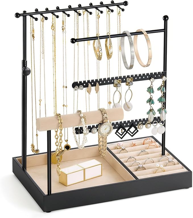 Emibele Jewelry Necklace Holder, 5 Tier Jewelry Organizers and Storage | Earring Bracelet Holder, Jewelry Display with Metal Frame Velvet Ring Tray, Aesthetic Jewelry Stand Gifts for Women, Black