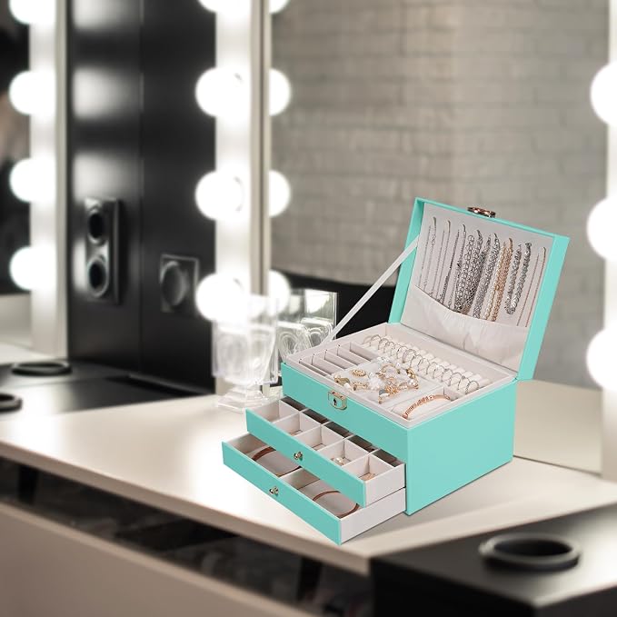 GUOER Jewelry Box for Women Girls, 3 Layers Large Jewelry Organizer (Teal) | Vintage Quilting Stitching PU Leather, Earrings Bracelets Rings Necklace Watches Storage Large Jewellery Holder Case Gifts