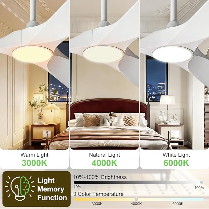 60 Inch Ceiling Fans with Lights and Remote, Wood Outdoor Ceiling Fan with 6 Speed Noiseless DC Motor, Indoor Modern 3 Blade Propeller Ceiling Fan for Bedroom Living Room Gazebo Patio (White)