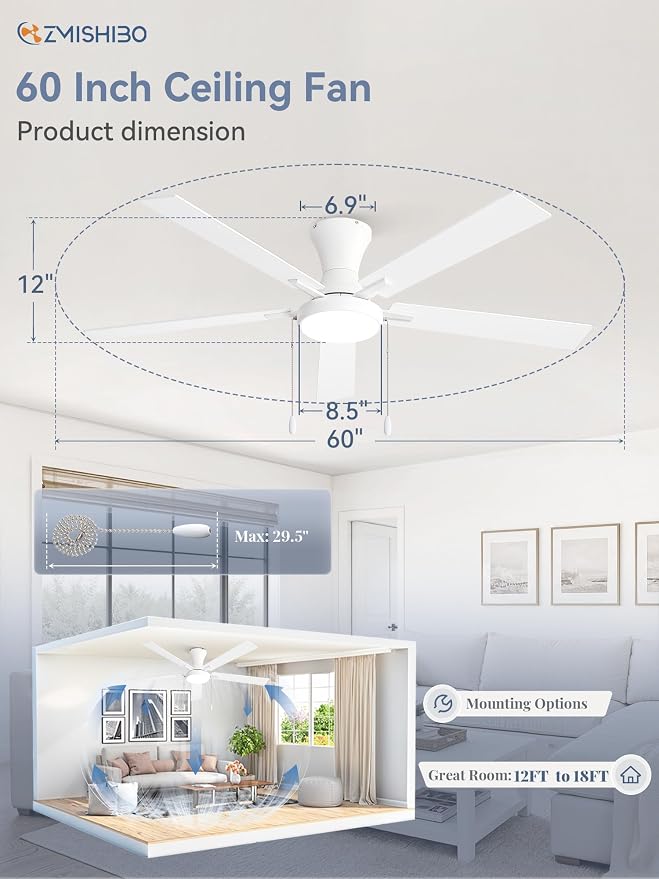 ZMISHIBO Ceiling Fans with Lights, Low Profile Ceiling Fan with Pull Chain and Remote Control, Flush Mount, Reversible, Dimmable, Noiseless, White Pull Cord Ceiling Fan for Bedroom(60inch White)