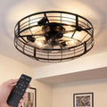 23 Inch Farmhouse Caged Ceiling Fan with Light, Remote Control Flush Mount Fan Lights Ceiling Fixtures, 6 Speeds Reversible Motor Bladeless Indooor Lights for Kitchen, Living Room, Bedroom, Black