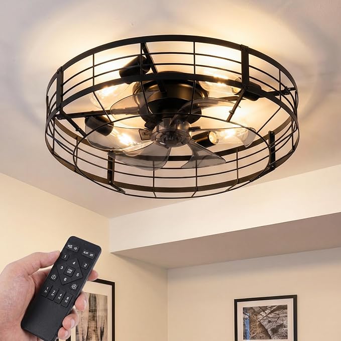 23 Inch Farmhouse Caged Ceiling Fan with Light, Remote Control Flush Mount Fan Lights Ceiling Fixtures, 6 Speeds Reversible Motor Bladeless Indooor Lights for Kitchen, Living Room, Bedroom, Black