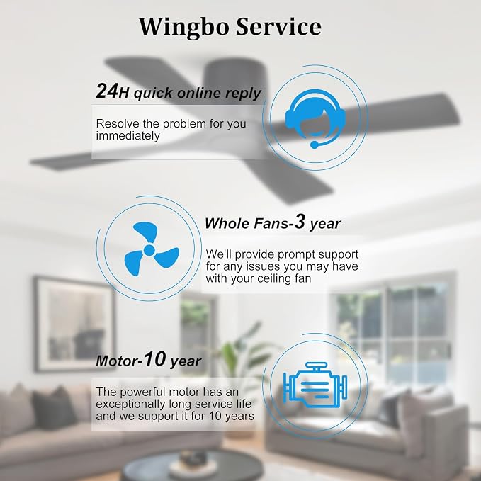 WINGBO 54 Inch Ceiling Fan Without Light, Solid Wood Flush Mount Ceiling Fan with Remote Control, Reversible DC Motor, 4 Blades, 6-Speed Quiet Performance, for Bedroom & Living Room, Black