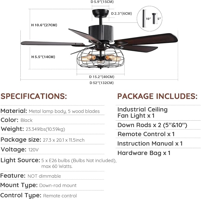 Industrial Caged Ceiling Fan Light with Remote Control 52 Inch Vintage Ceiling Fan Light Farmhouse Black Retro Indoor Fandelier with 5 Reversible Wood Blades for Living Room Bedroom