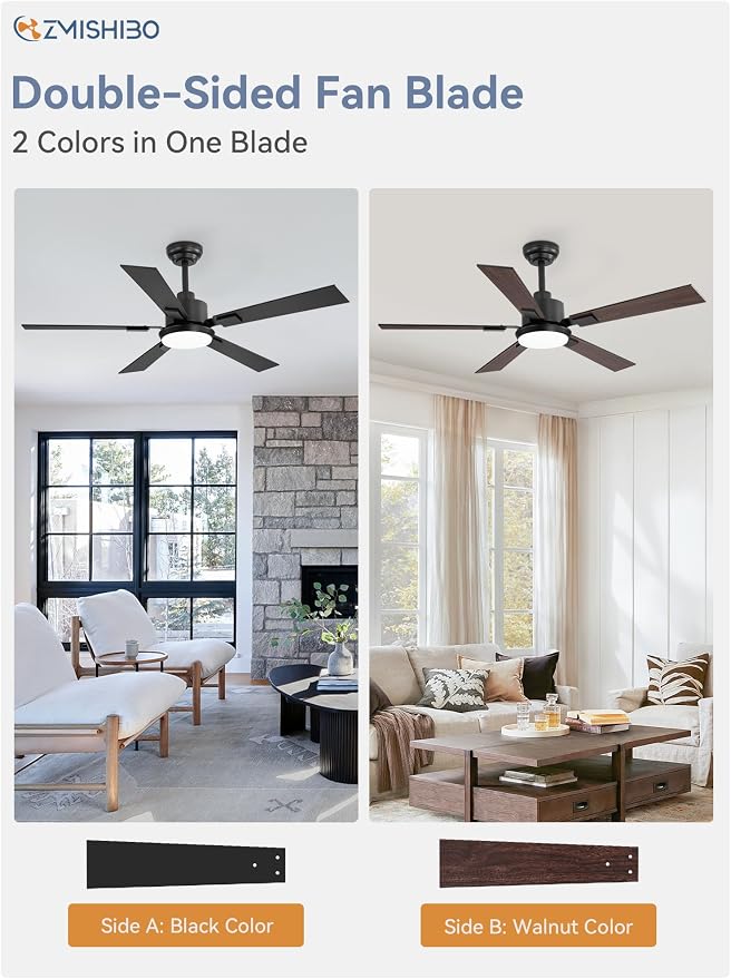 ZMISHIBO 52 inch Black Ceiling Fans with Lights and Remote, Indoor/Outdoor Modern Ceiling Fan for Bedroom Living Room Patio, 6 Speed Reversible Quiet DC Motor, 3 CCT, Dual Finish Blades