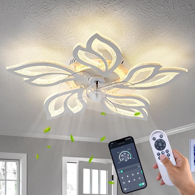 25" White Modern Geometric Ceiling Fan with Lights, 3 Light Color 6 Speeds Flush Mount Low Profile Ceiling Fan for Bedroom Kitchen