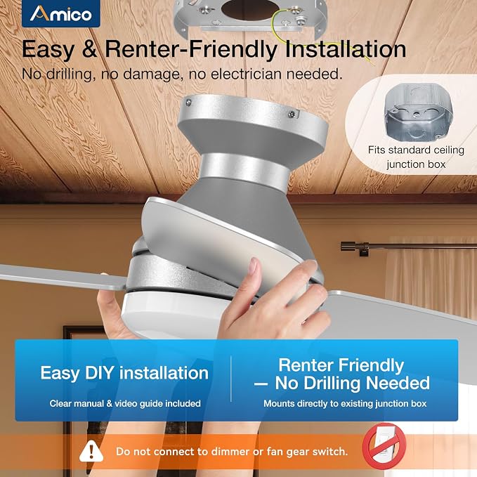 Amico Ceiling Fans with Lights, 42 inch Low Profile Ceiling Fan with Light and Remote Control, Flush Mount, Reversible, 3CCT, Dimmable, Noiseless, Silver Ceiling Fan for Bedroom, Indoor/Outdoor Use