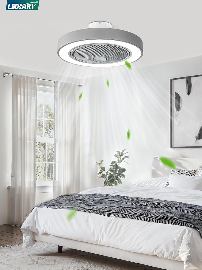 LEDIARY 22in Enclosed Ceiling Fan with Light and Remote, Grey Modern Bladeless Ceiling Fan with Bright Light, Led Flush Mount Ceiling Fans for Bedroom, Living Room, Kid Room(6 Speeds, 3000-6000K)