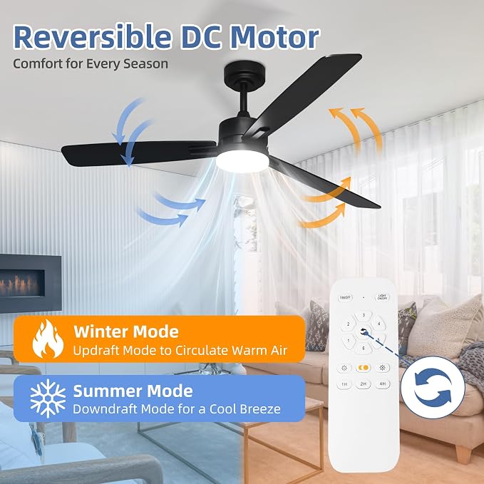 hykolity 52 Inch Modern Black LED Ceiling Fan with Light and Remote Control | 3CCT Dimmable LED Light, Quiet Reversible DC Motor, 6-Speed, Downrod Included, 3 Blade Ceiling Fans for Bedroom Living Room