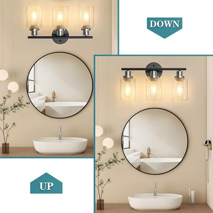 Unicozin Modern Bathroom Light Fixtures, 3 Light Vanity Lights, Black and Brushed Nickel Wall Lamp with Clear Glass for Bathroom, Mirror, Living Room, Bedroom, Hallway, E26 Base