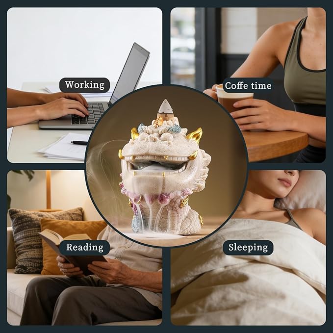 Backflow Incense Burner - Resin Tabletop Incense Holder for Cones, Fortune Dragon Statue Home Decor, Desktop Aromatherapy Ornament with Smoke Waterfall Effect for Living Room