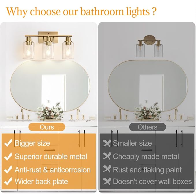Indoi 3-Light Bathroom Light Fixtures, Brass Modern Vanity Lights with Clear Glass Shades, Bathroom Wall Lamp for Mirror Living Room Cabinet Bedroom Porch