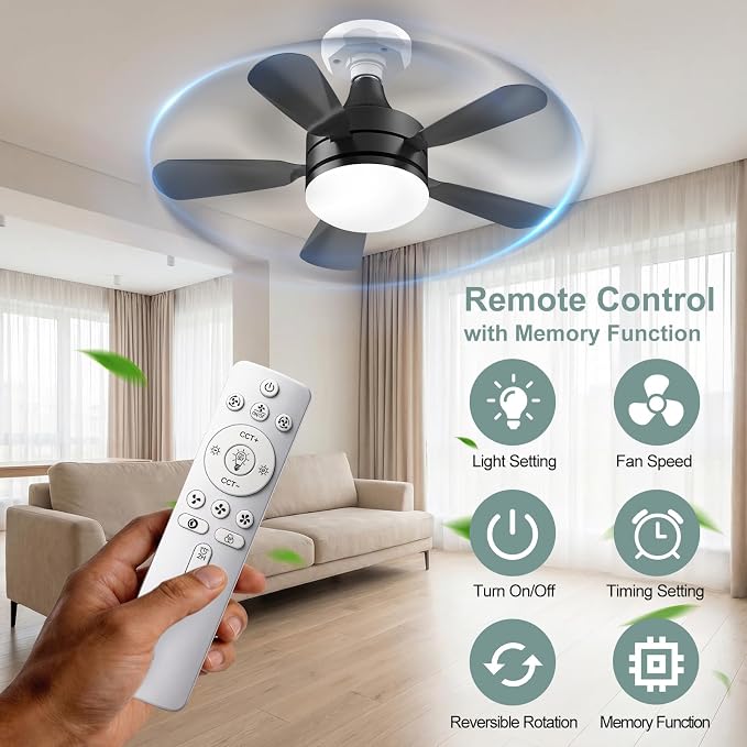 17.7" Socket Fan Light, Stepless Dimmable 3000K-6500K Small Ceiling Fans with Lights and Remote, 3000 Lumens E26/E27 Light Bulb Fan with Reversible Motor, for Bedroom Garage Kitchen Living Room