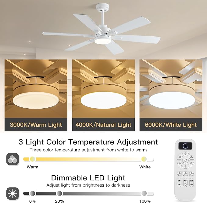 OURSTAR Ceiling Fans with Lights and Remote Control, White Ceiling Fan with Light 3-Color LED Dimmable, Memory for Lighting and Fan Reversible, 6-Speed, Timer, Indoor/Outdoor Use, 52 Inch
