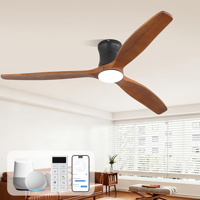 Sofucor 52" Smart Ceiling Fan, Solid Wood Ceiling Fan with Lights and Remote, Flush Mount Ceiling Fan Works with Alexa/Google/App, Dimmable 6-Speed Timing Reversible DC Motor for Bedroom Living Room