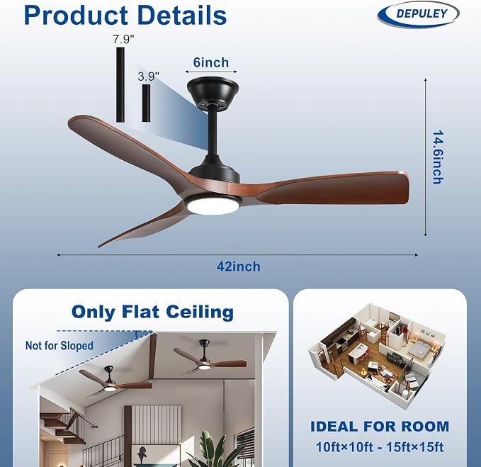Depuley 42-Inch Ceiling Fan with Light: Walnut 3 Blade Indoor Outdoor Fans for Patios - Dimmable Ceiling Fan with Remote Control Fandelier Reversible 6 Speed Timer Ultra Quiet DC Motor