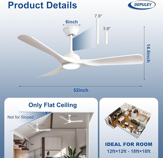 Depuley Ceiling Fan with Light and Remote: 52 Inch White 3 Blade Outdoor Fans for Patios - Dimmable Indoor Fan with Lights Fandelier for Gazebo