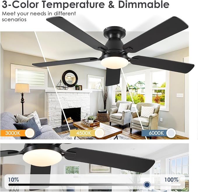 52 Inch Ceiling Fans with Lights and Remote, Flush Mount, Black | Low Profile, Dimmable LED, Reversible, Quiet DC Motor, Wooden Blades, for Modern Apartment Bedroom Home Office Living Room