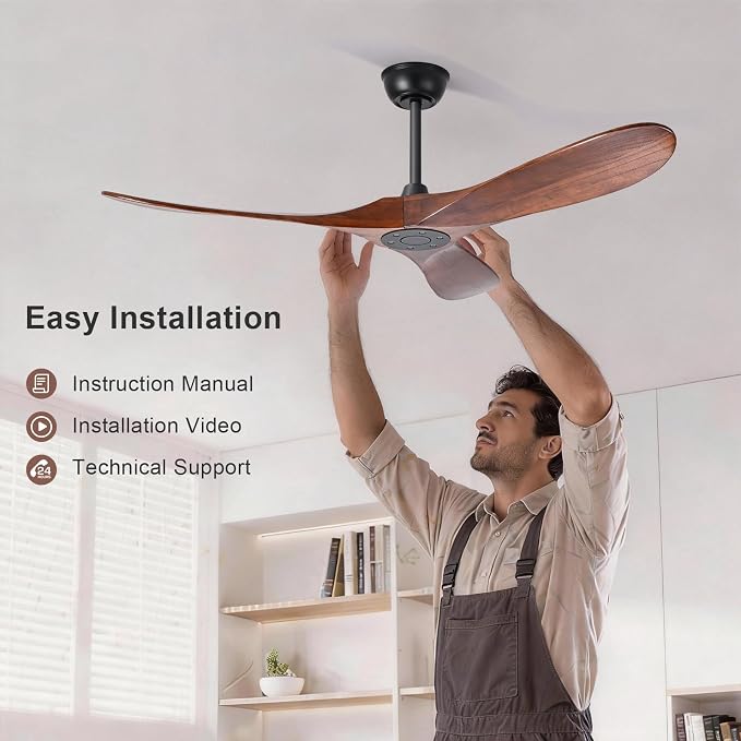 heimo 60 Inch Outdoor Ceiling Fan No Light，Wood Ceiling Fans Without Lights for Patios Bedroom Living Room Indoor Outside Reversible Ceiling Fan for Angled Sloped Ceiling(Walnut)