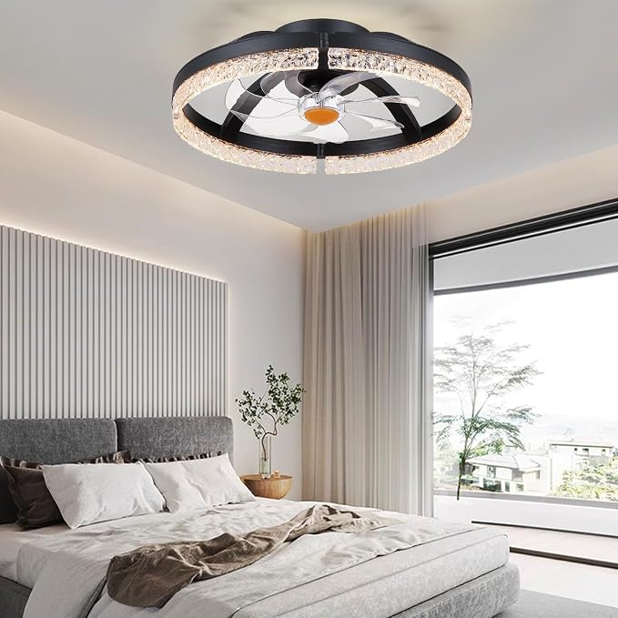 Mpayel 20" Ceiling Fans with Lights and Remote, Modern Low Profile Fandelier Ceiling Fan with Light, Quiet DC Motor, 6 Speeds, 3CCT Dimmable Bladeless Flush Mount LED Fan Light for Bedroom