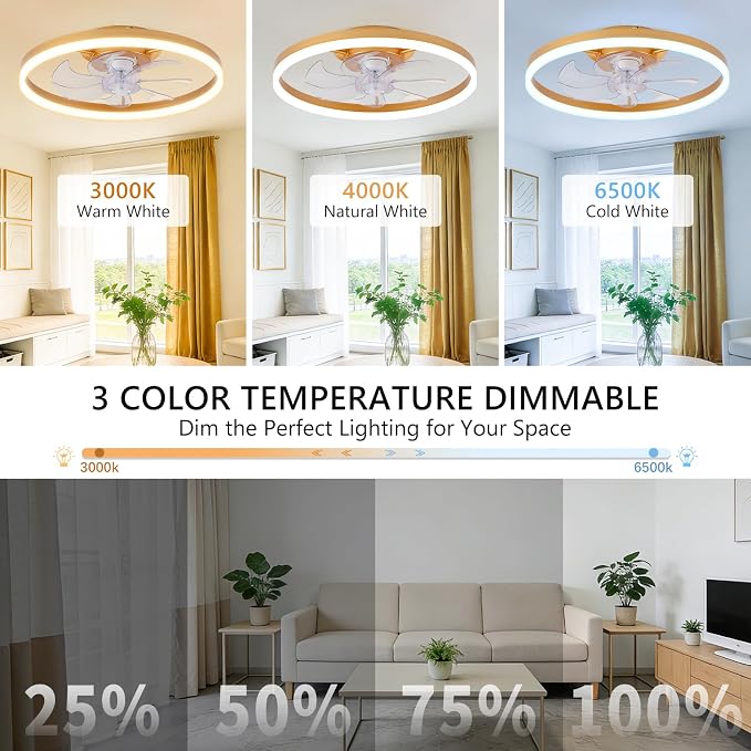 20" Low Profile Ceiling Fans with Lights and Remote & APP, Dimmable 3000-6500K LED Fandelier Ceiling Fan with Light, Modern Flush Mount Ceiling Fan Light for Living Room, Bedroom and Kitchen