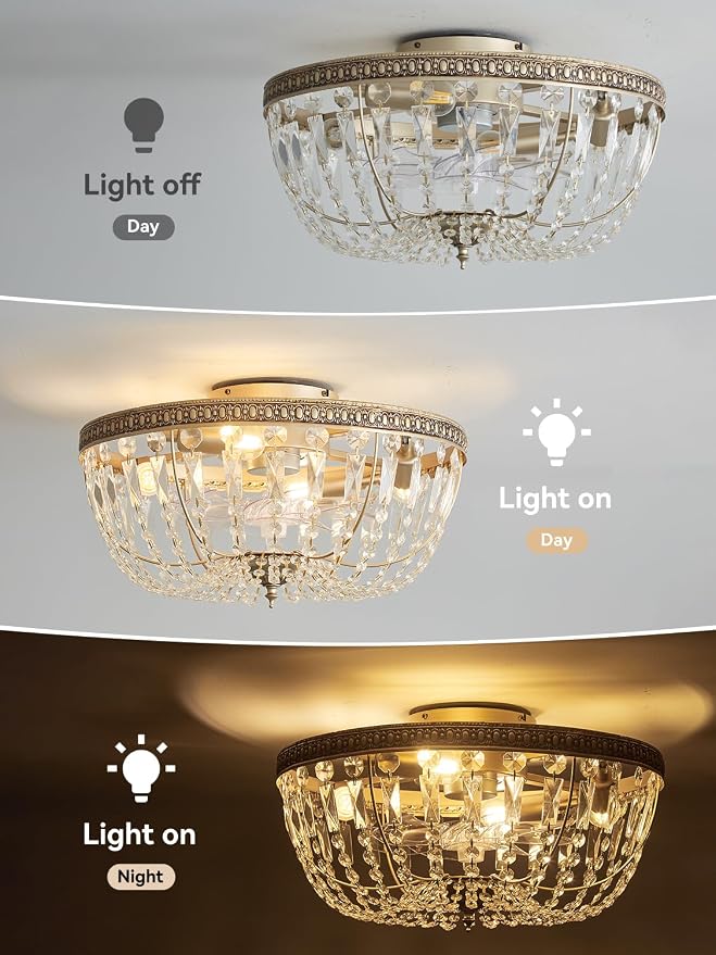 20" Flush Mount Fandelier Ceiling Fan with Light, Crystal Gold Fandelier Ceiling Fan with Light Remote Control, Vintage French Country Caged with 6 Speeds for Bedroom, Living Room, Foyer, Nursery