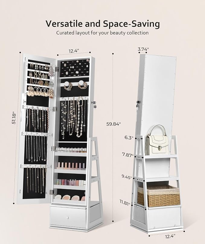 Nicetree 360° Swivel Jewelry Cabinet, Rotatable Full Length Mirror with Jewelry Storage, Standing Jewelry Armoire Organizer, Lockable Jewelry Organizer with 3 Rear Shelves, Bottom Drawer, Pure White